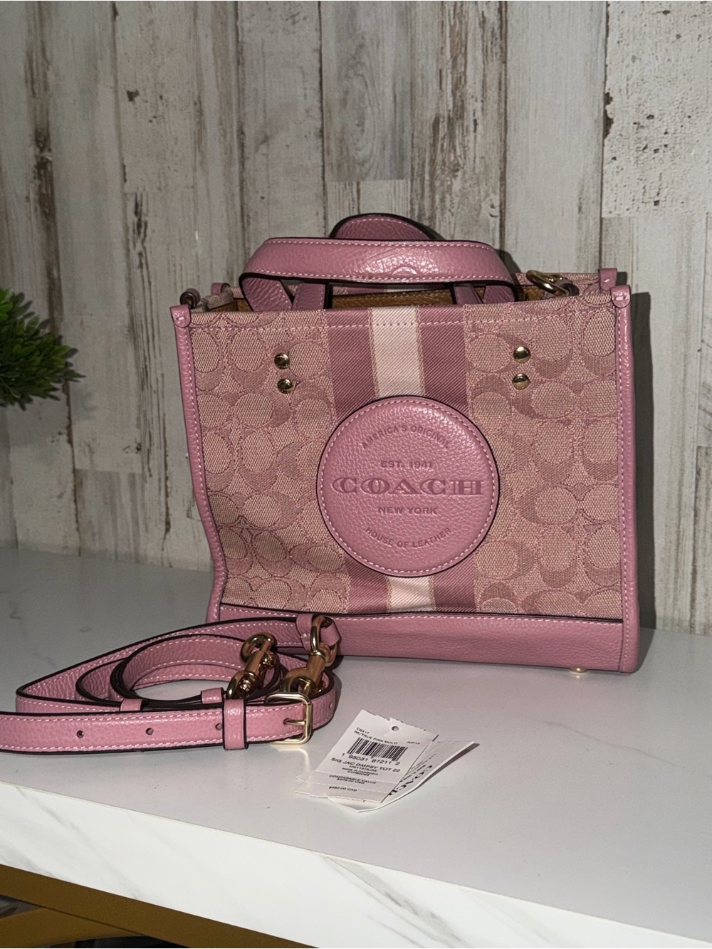 Coach Dempsey Tote 22 in Signature Jacquard with Pink Leather Trim